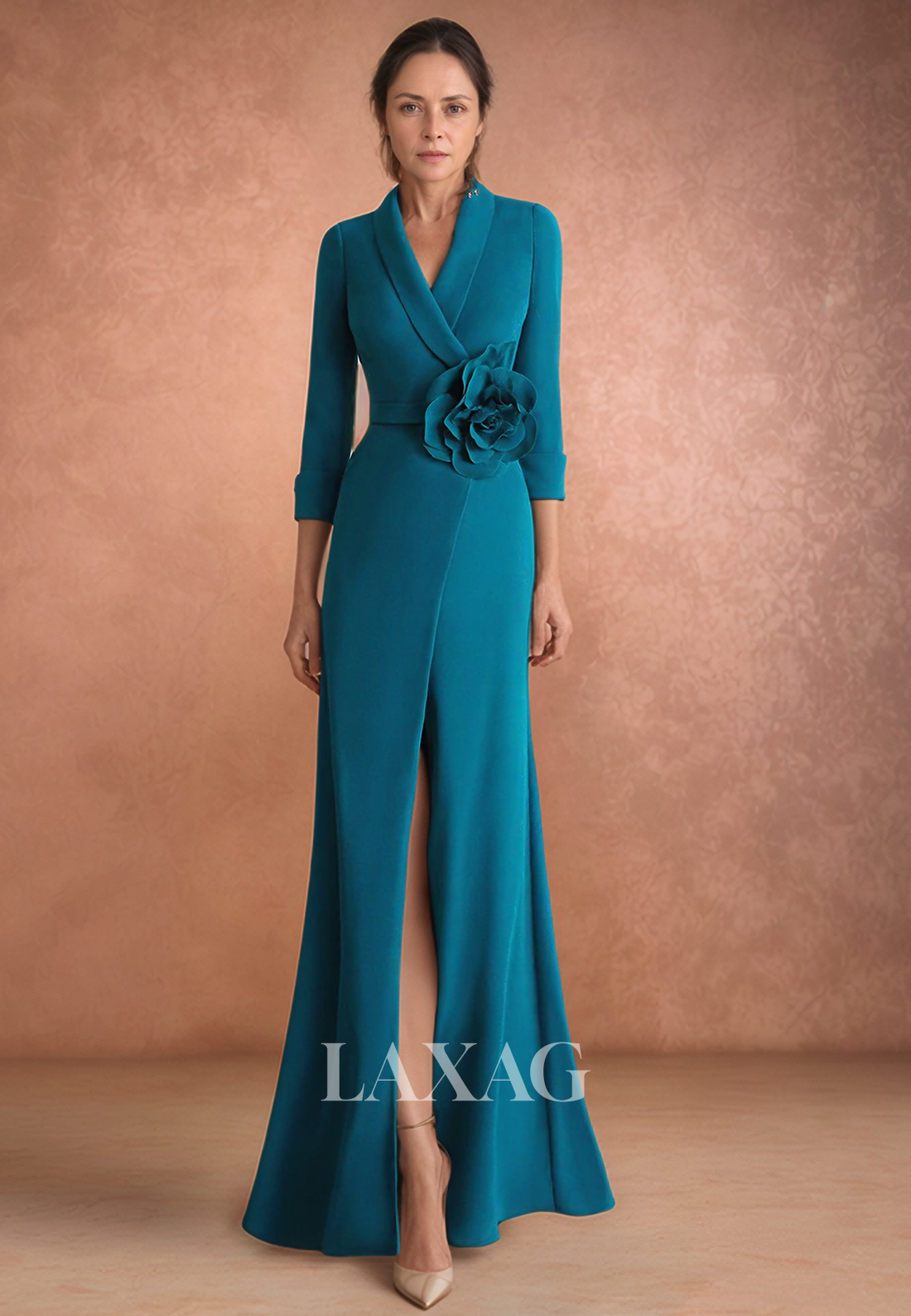 Long-Sleeves V-Neck Slit Cocktail Gowns Floral Embellished Mermaid Mother of the Bride Gowns