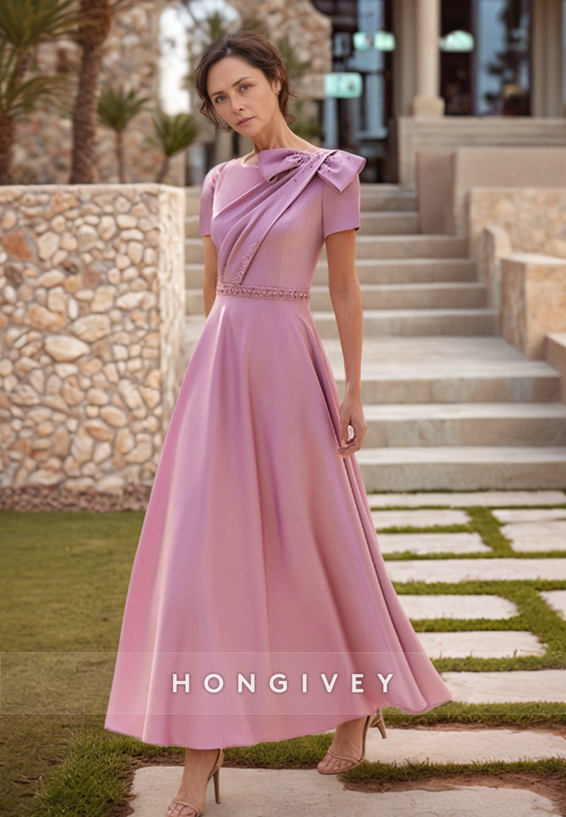 Bowknot A-line Ankle-Length Satin Short Sleeve  Pleated Rhinestone Mother of the Bride Dress