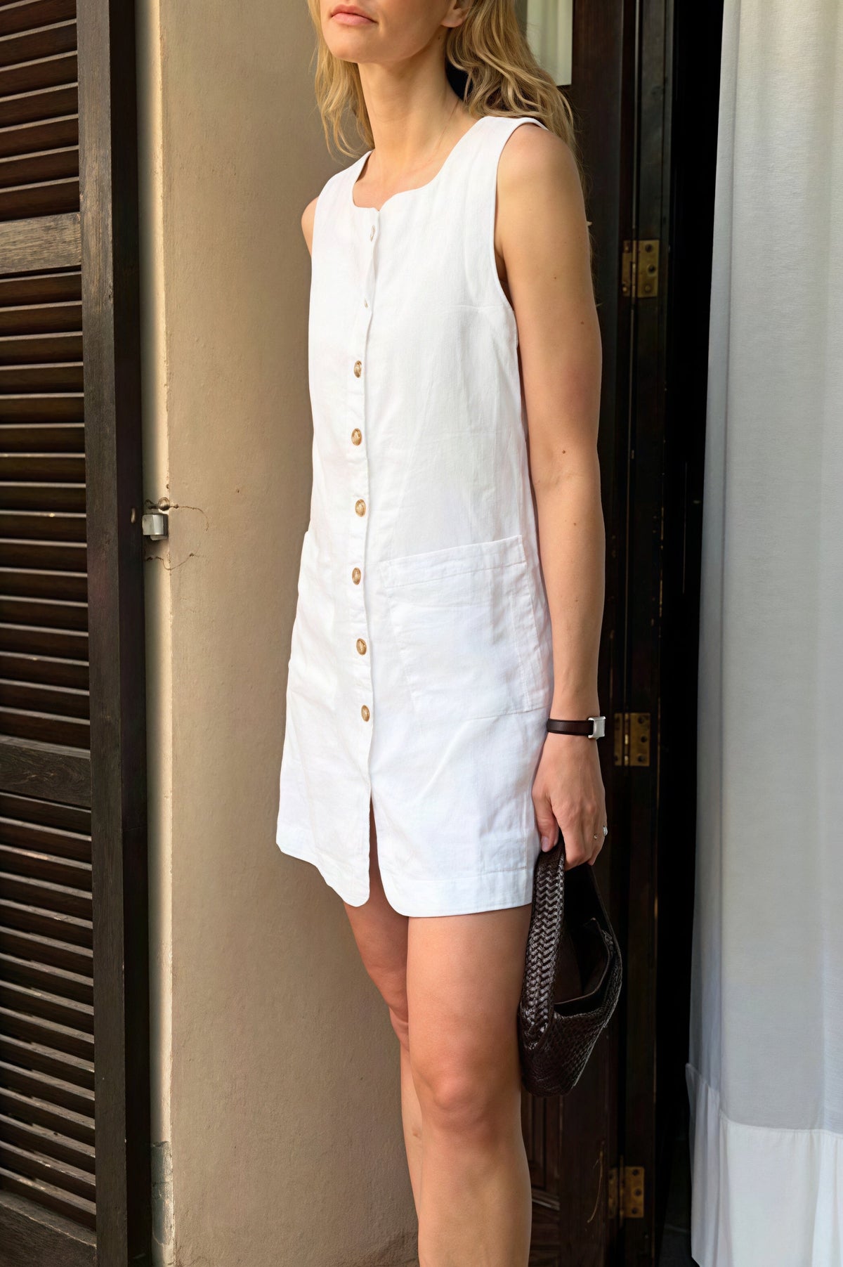 Linen Button Front Square Neck Mini Dress 2