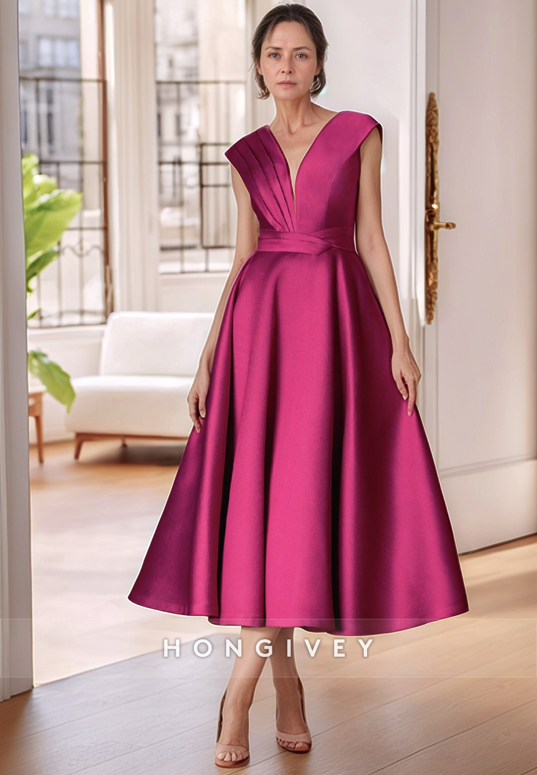 Princess Satin Cocktail Dress Cap Sleeves Pleated Tea-Length Mother of the Bride Dress