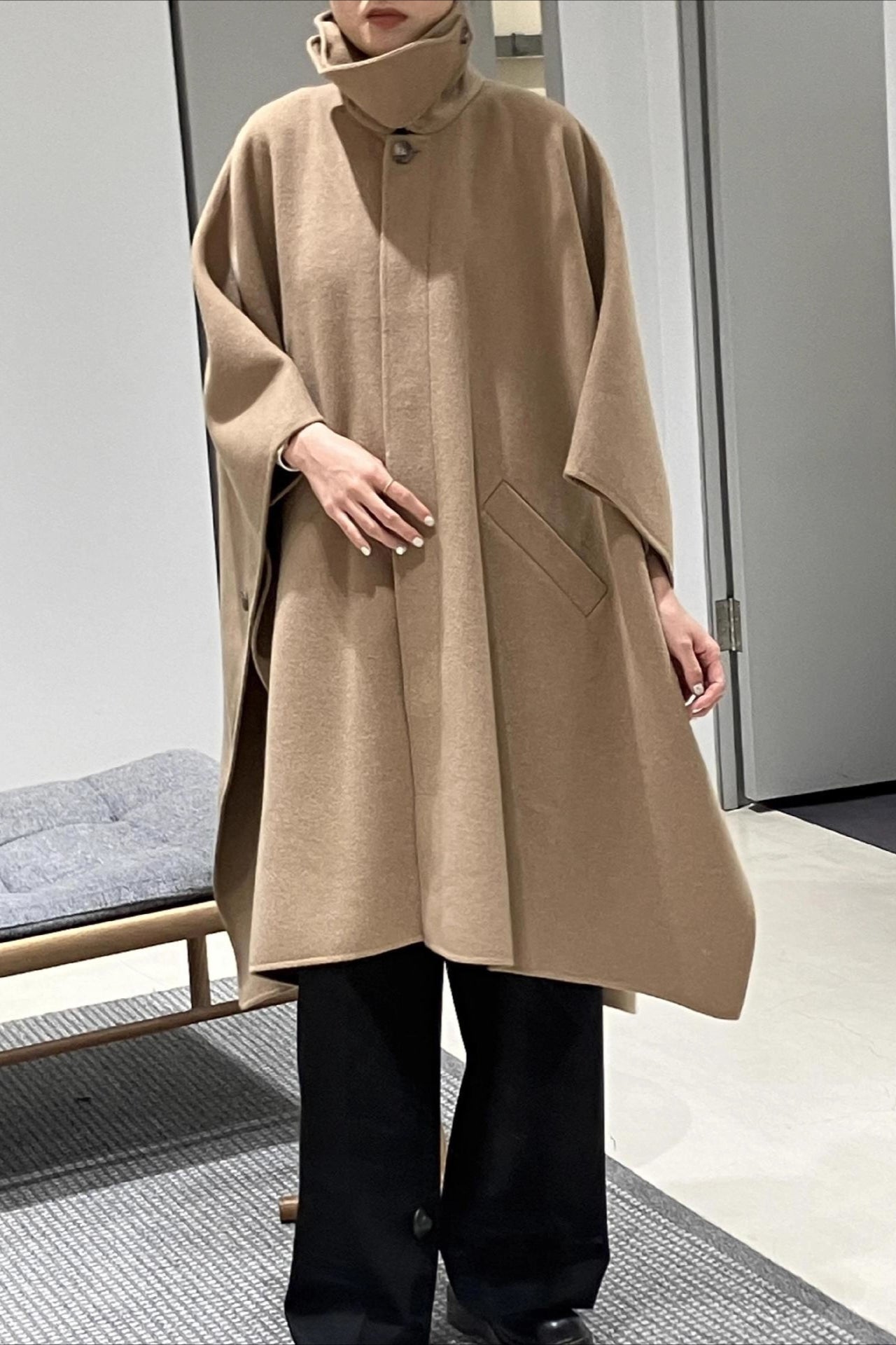 Beige Lapel Double Faced Wool Blend Cape Convertible Overcoat