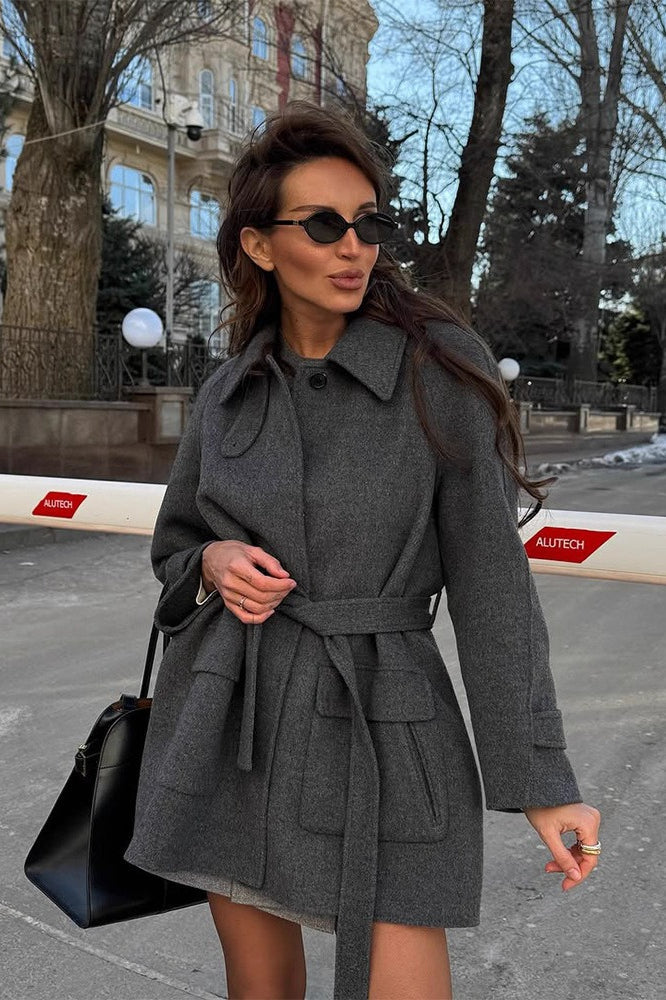 Elegant Belted Wool Coat in Solid Colors for All Seasons