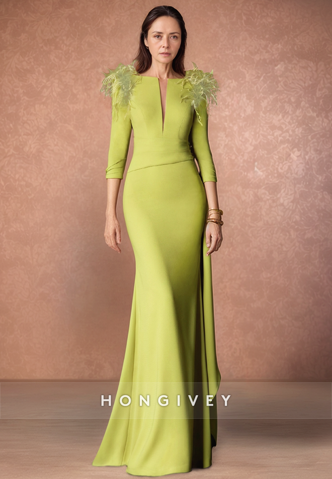 Feather V Neck Low Back Sheath Floor-Length Satin 3/4 Sleeve Pleated  Mother of the Bride Dress