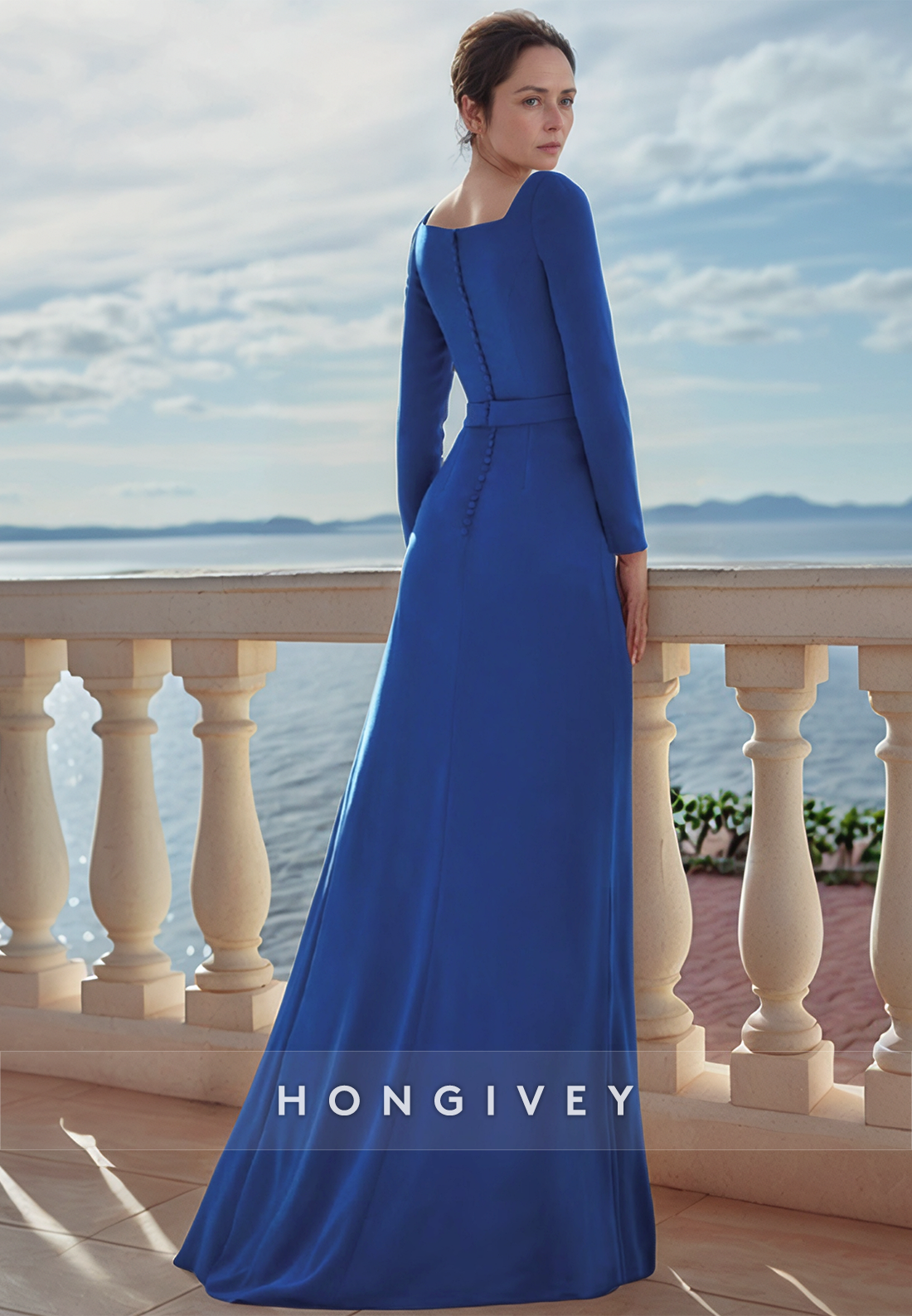 Split Pleated  Long Sleeve Satin Square Royal Blue Floor-Length Sheath Mother of the Bride Dress