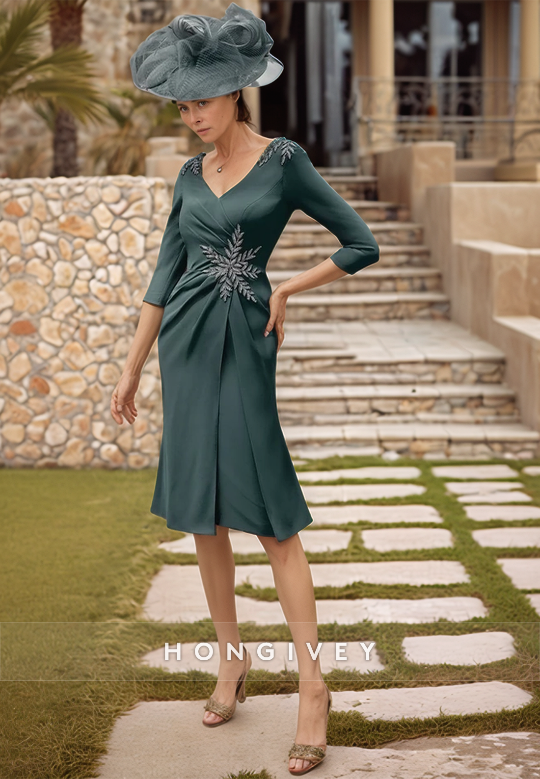 Pleated Sheath Knee-Length V Neck Cocktail Dress Satin 3/4 Sleeve Appliqued Mother of the Bride Dress