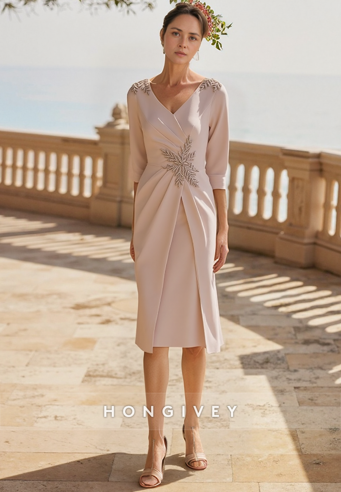 Pleated Sheath Knee-Length V Neck Cocktail Dress Satin 3/4 Sleeve Appliqued Mother of the Bride Dress