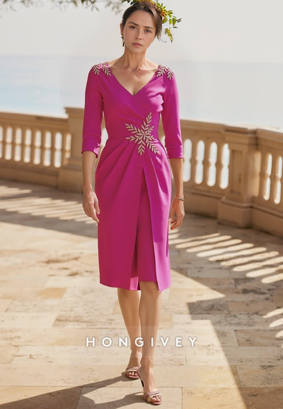 Pleated Sheath Knee-Length V Neck Cocktail Dress Satin 3/4 Sleeve Appliqued Mother of the Bride Dress