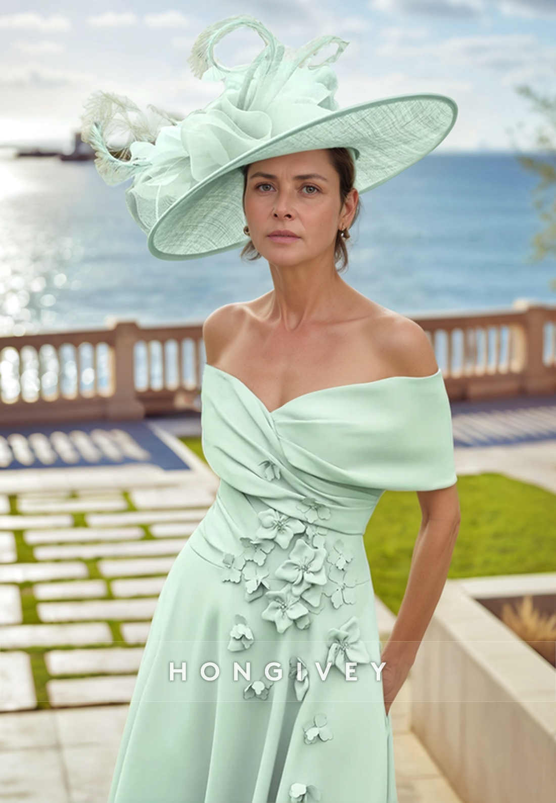 Butterfly Sheath Off the Shoulder Tea-Length Cocktail Dress Shawl  Pleated Mother of the Bride Dress