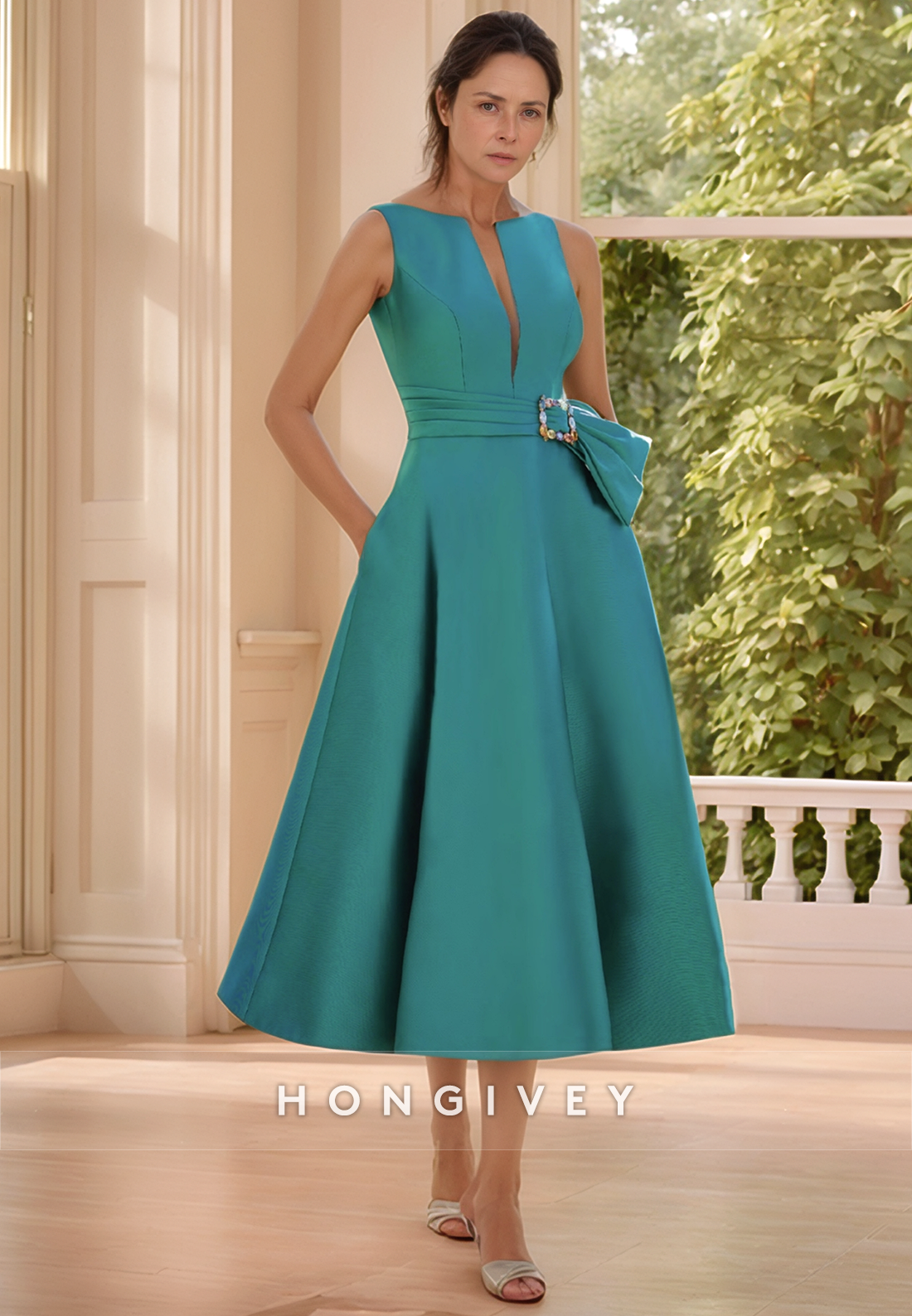 Regular Straps A-line Rhinestone V Back Tea-Length V Neck Satin Pleated Mother of the Bride Dress