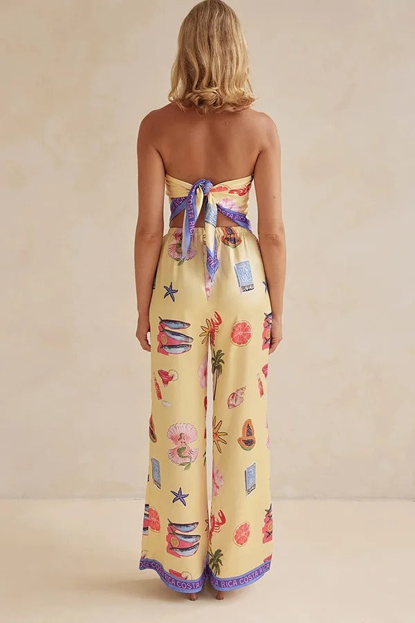 Linen Blend Unique Printed Bandeau Top and Elastic Waist Pocket Pants Set - Fashionpara