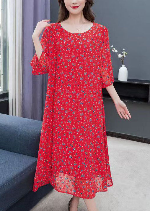 Ditsy Floral Print Chiffon Round Neck A-Line Midi Dress