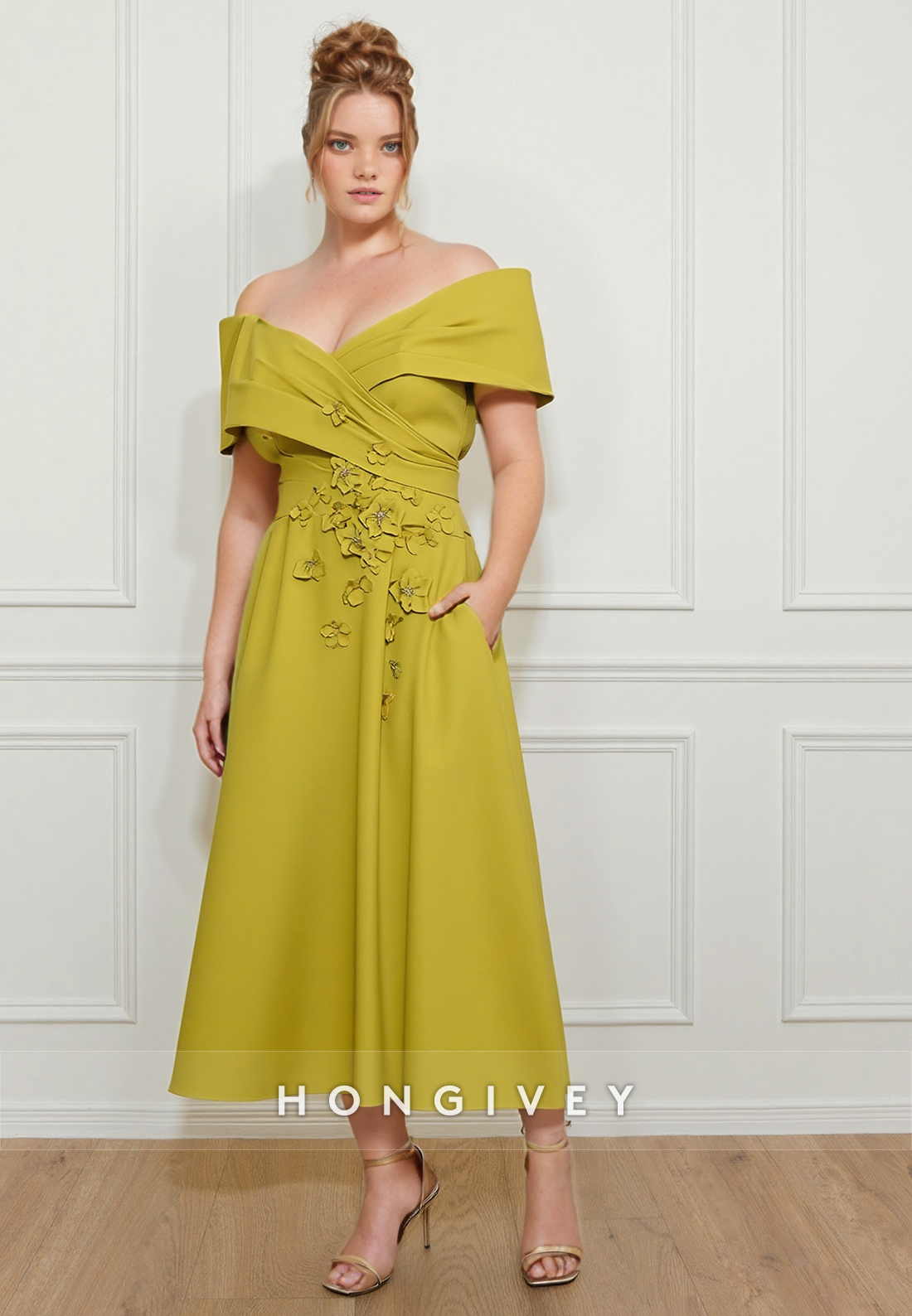 Butterfly Sheath Off the Shoulder Tea-Length Cocktail Dress Shawl  Pleated Mother of the Bride Dress