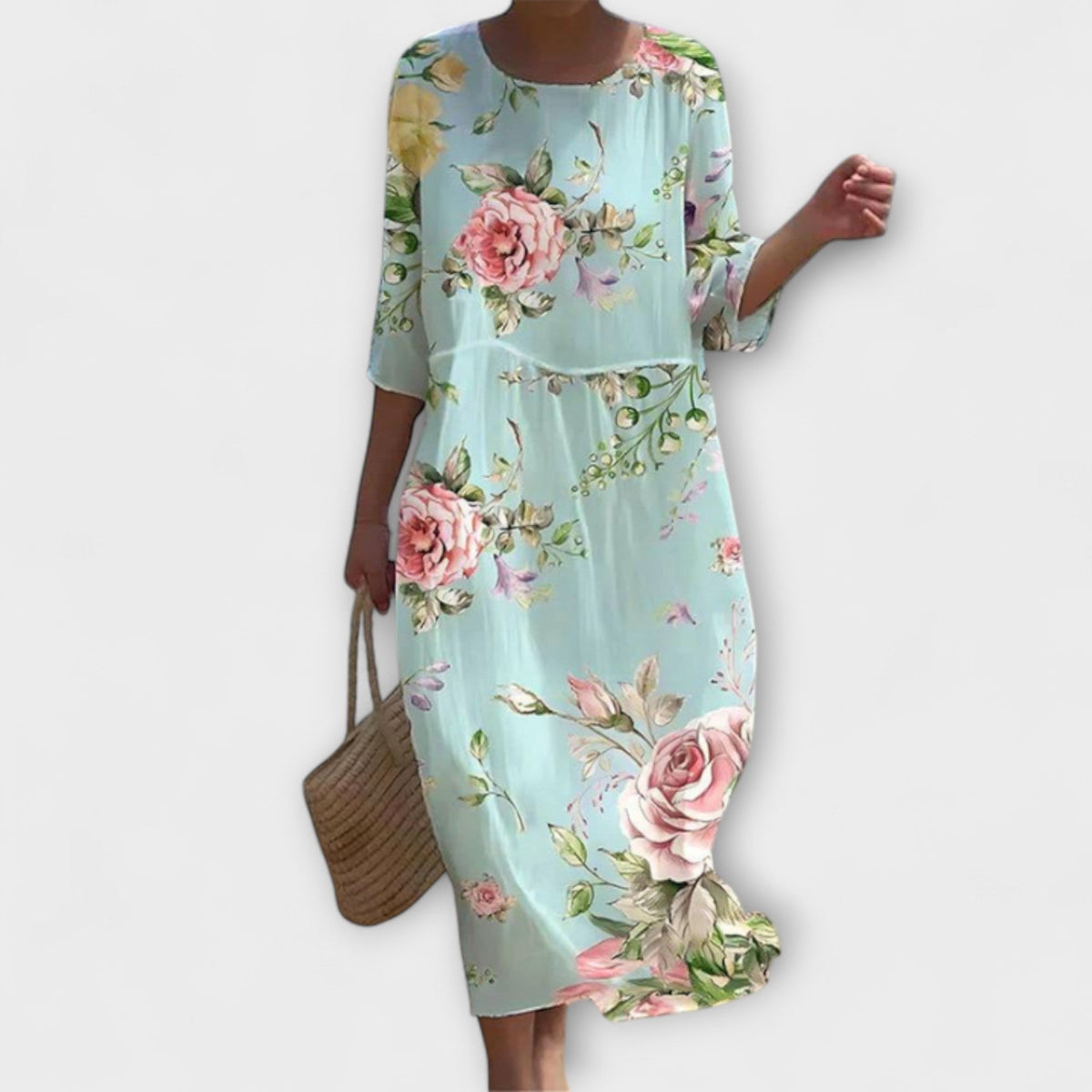 Rose Floral Round Neck Half Sleeve Loose Midi Dress