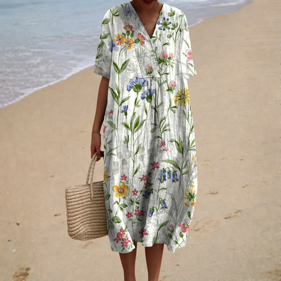 Wildflower V-Neck Short Sleeve Loose Midi Dress
