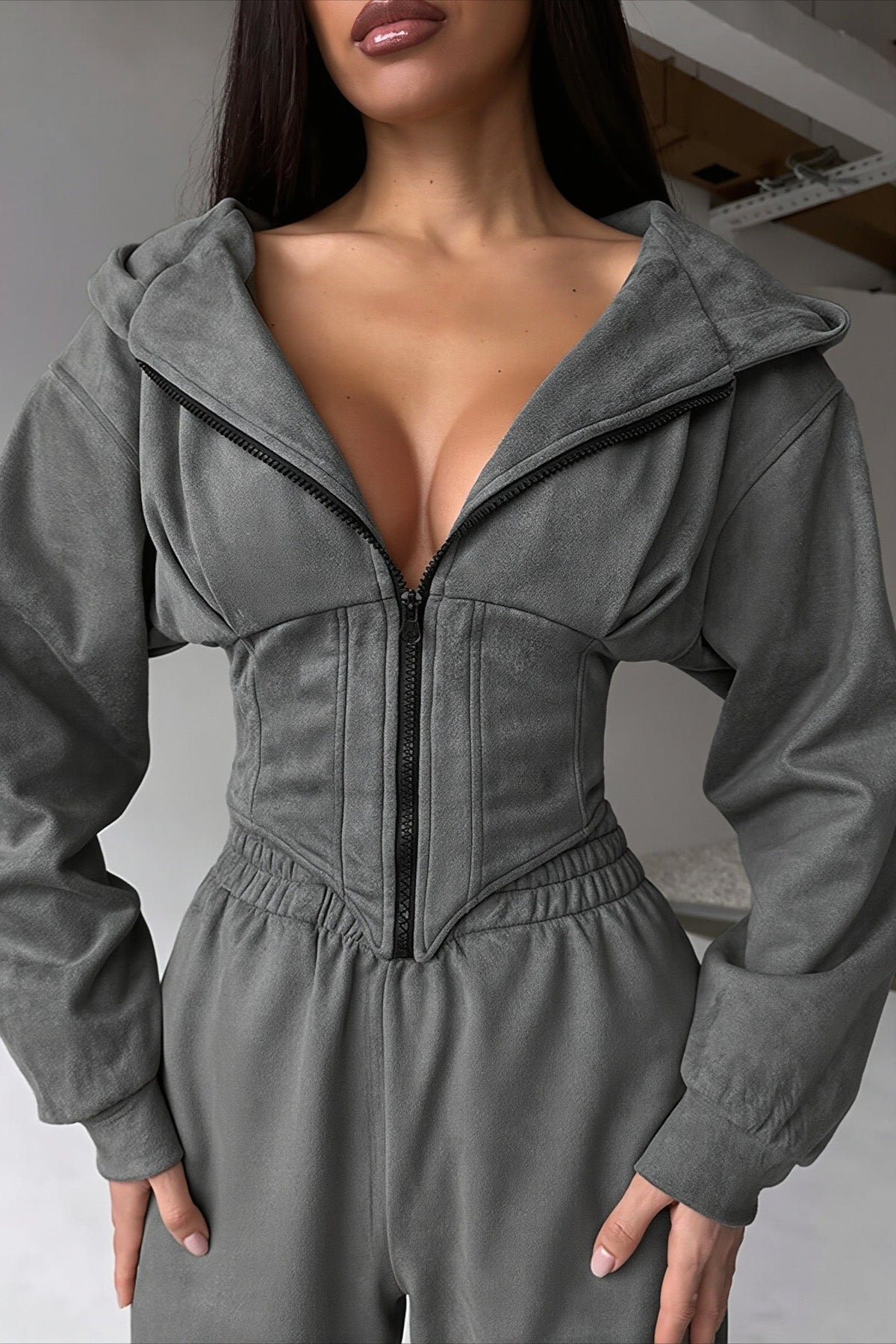 Solid Zip Front Wide Leg Hoodie Two Piece Set