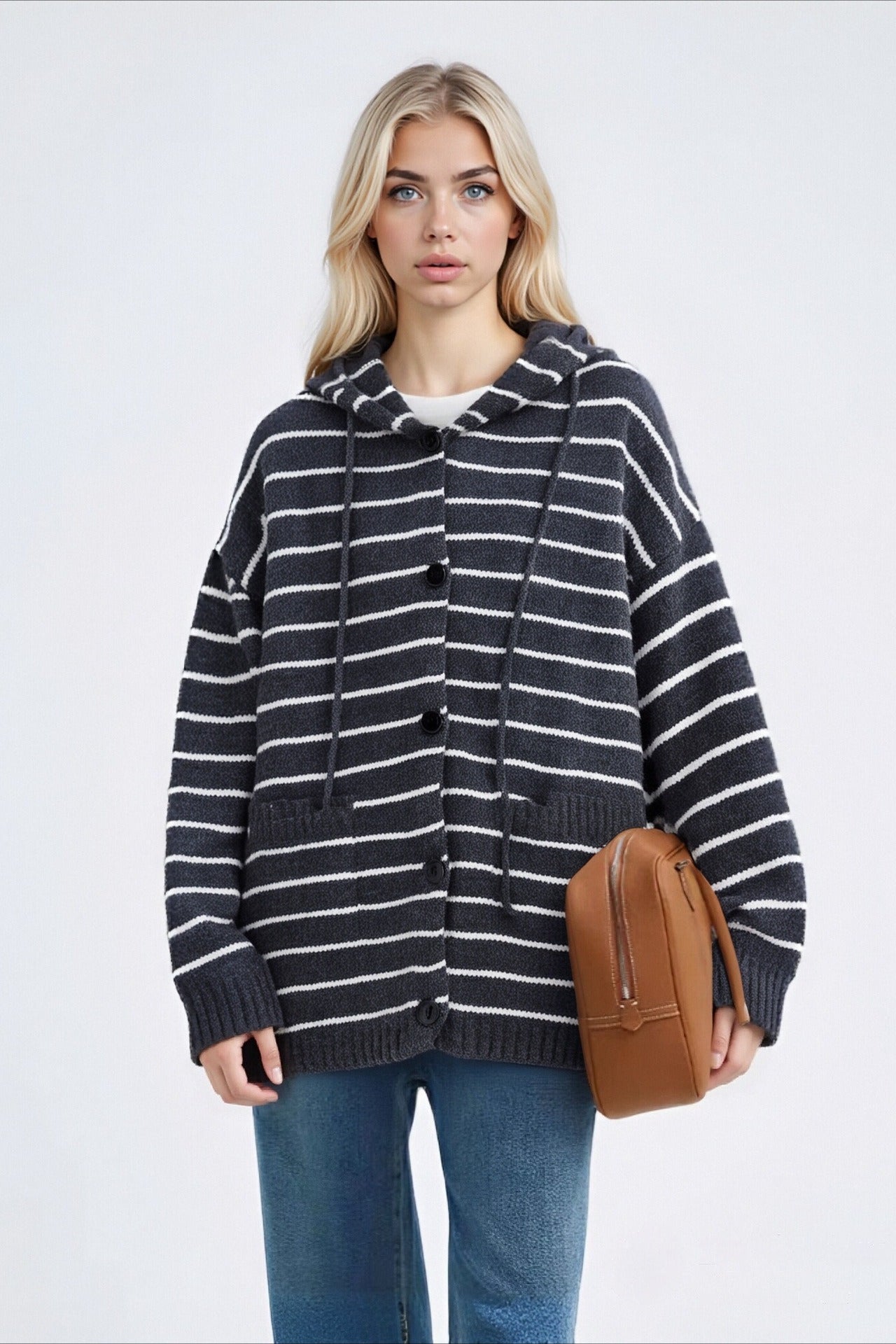 Stripe Hooded Plus Size Knit Cardigan with Drawstring Pocket