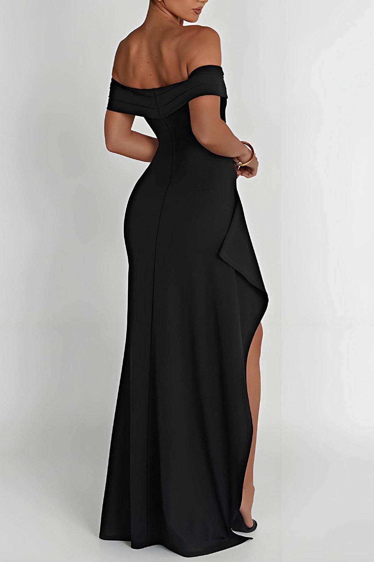 Off-Shoulder Ruched High-Slit Bodycon Maxi Gown