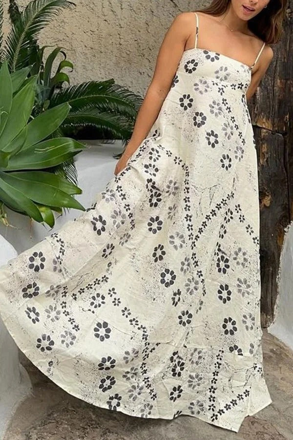 Linen Blend Floral Print Strappy Full-hem Backless Maxi Dress - Fashionpara