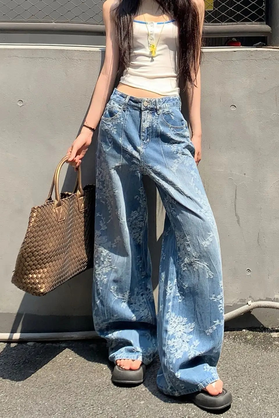 High Waisted Jacquard Baggy Jeans