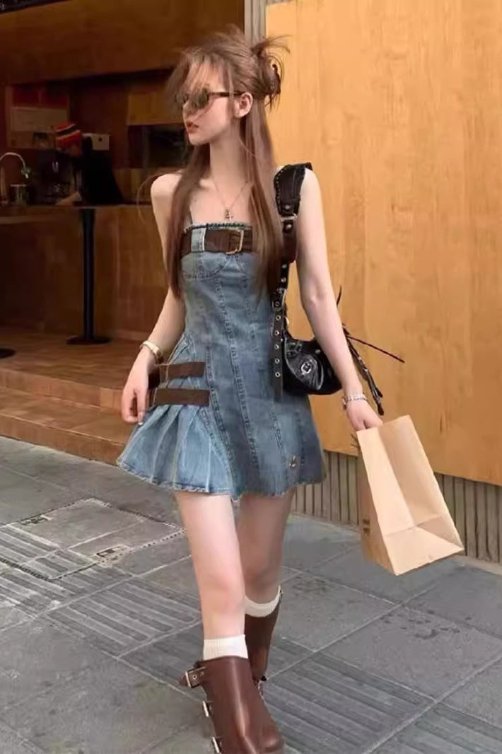 Denim Square-Neck Spaghetti Strap Belted A-Line Mini Dress