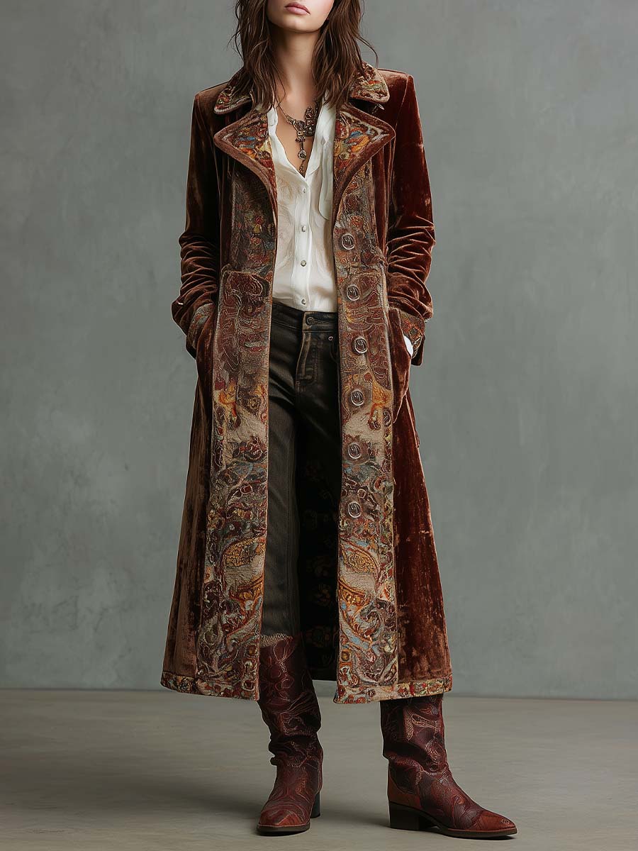 Velvet Paisley Trim Maxi Coat - Fashionpara