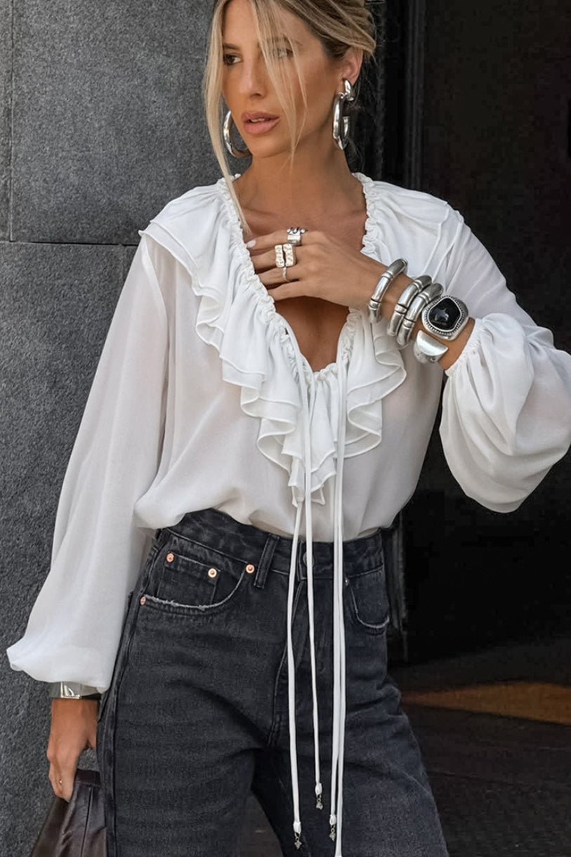 Minimalist V Neck Ruffle Blouse