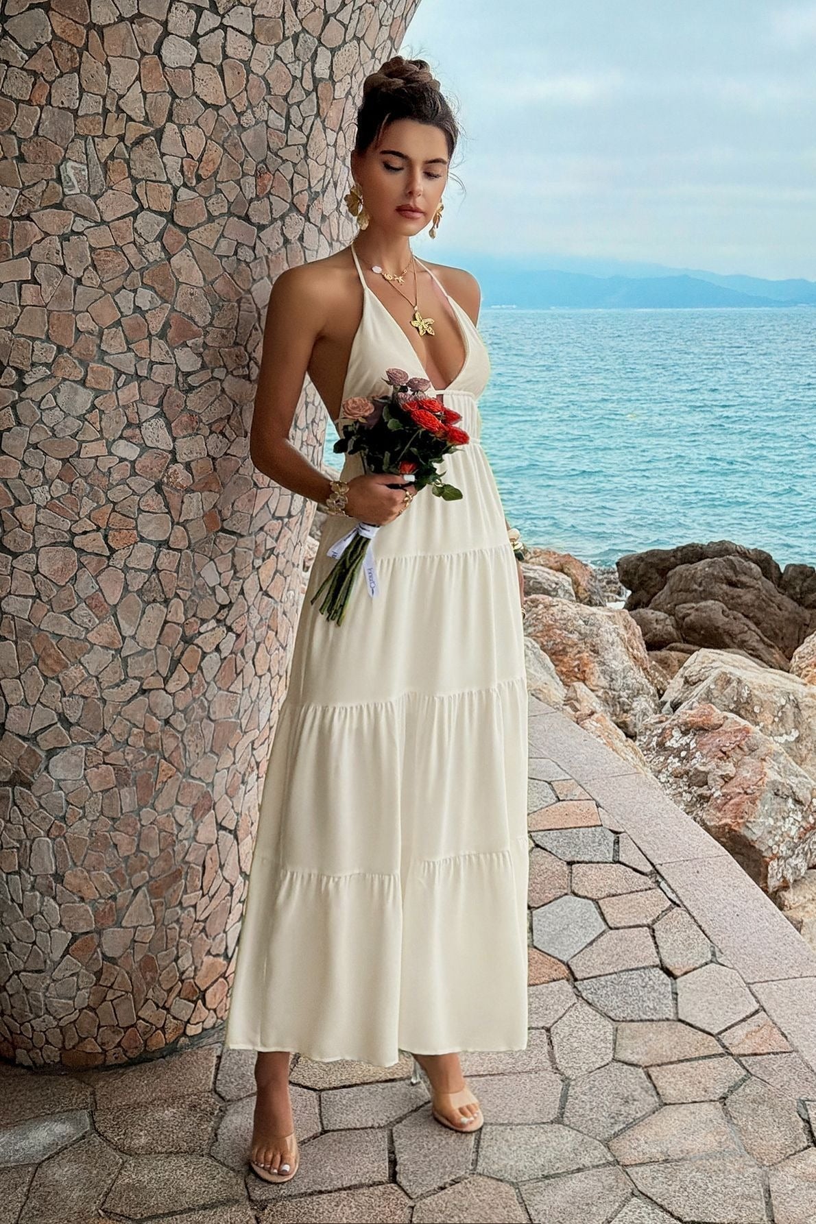 Halter Deep V-Neck Backless Tiered Maxi Dress 5