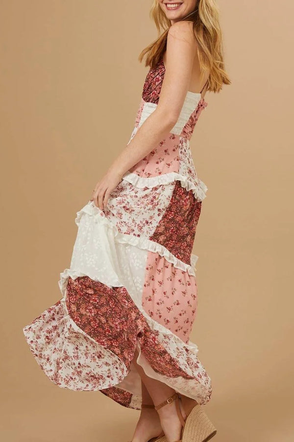 Elegant Patchwork Floral Print Maxi Dress - Fashionpara