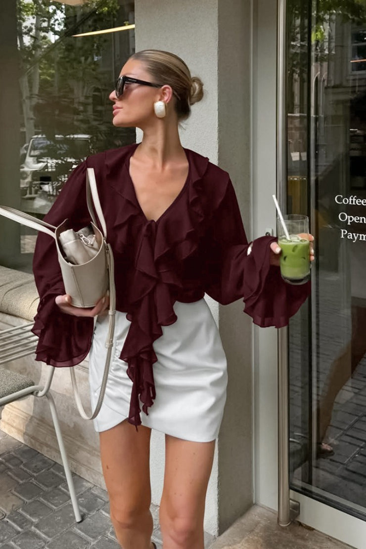 French V Neck Ruffle Blouse
