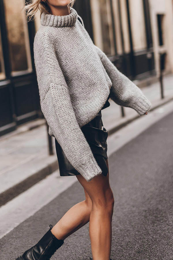 Emilia Knit Pullover Sweater with Thick Collar and Long Sleeves