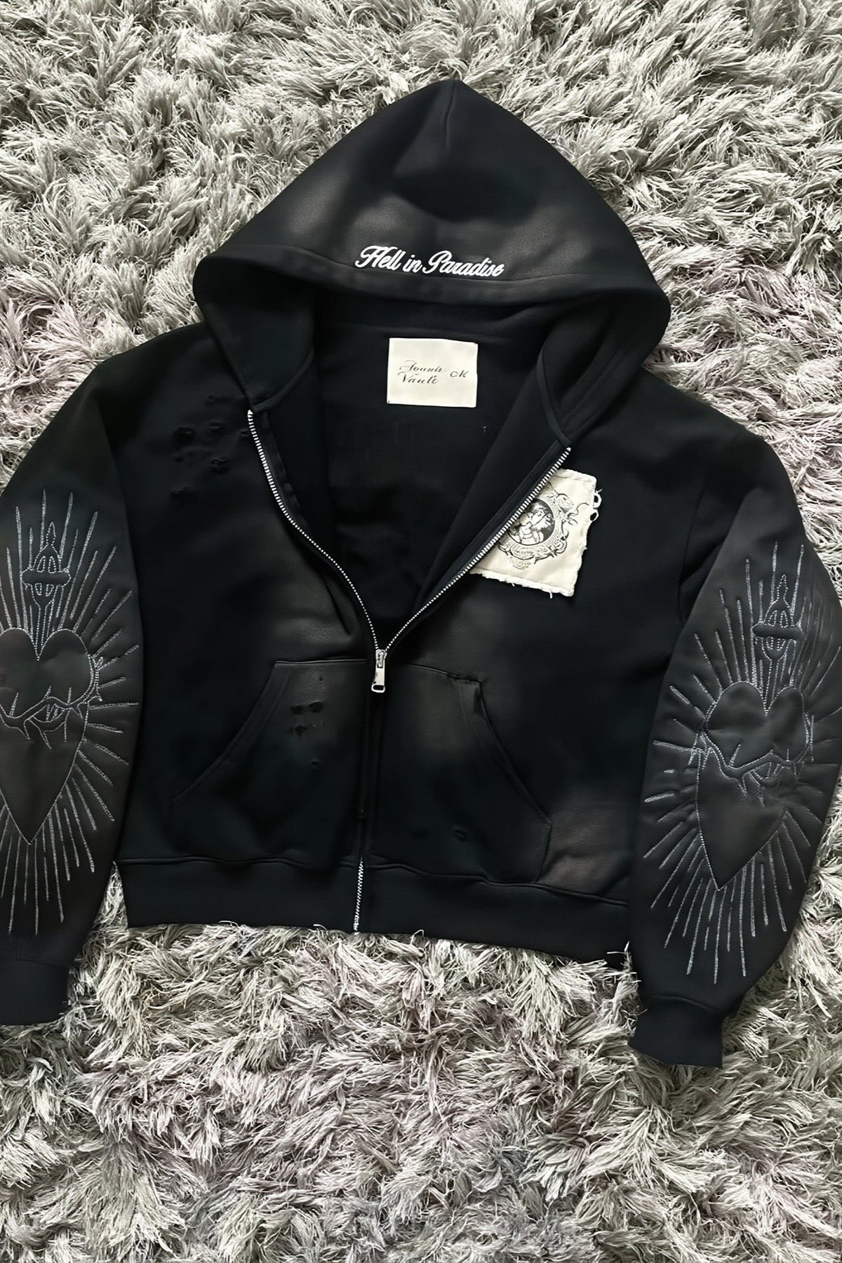 Distressed Wing Graphic Zip Front Hoodie