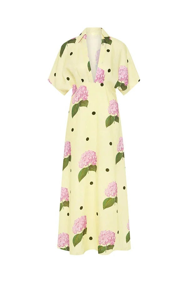 Jasmine Linen Blend Floral Polka Dot Wide Sleeve Shirt Maxi Dress - Fashionpara