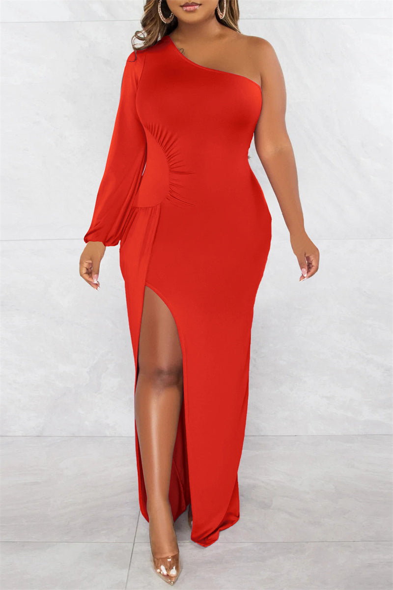 Sexy Formal Solid Backless Slit Oblique Collar Long Sleeve Dresses  Fashionpara
