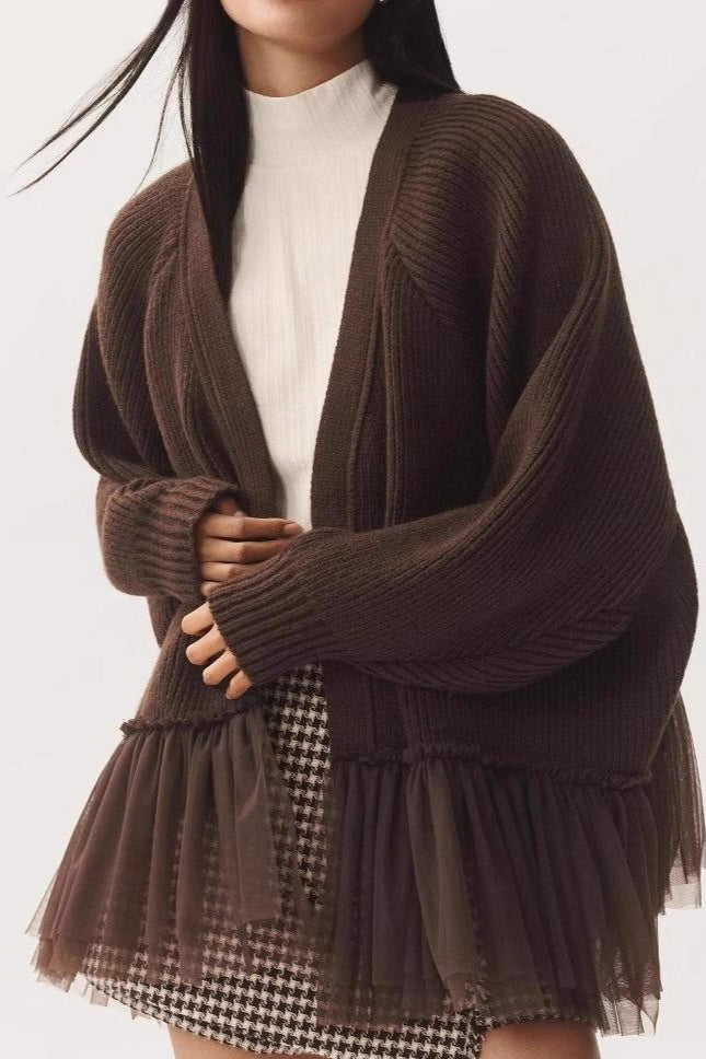 Ruffled Tulle Knit Long-Sleeve Cardigan for Effortless Style