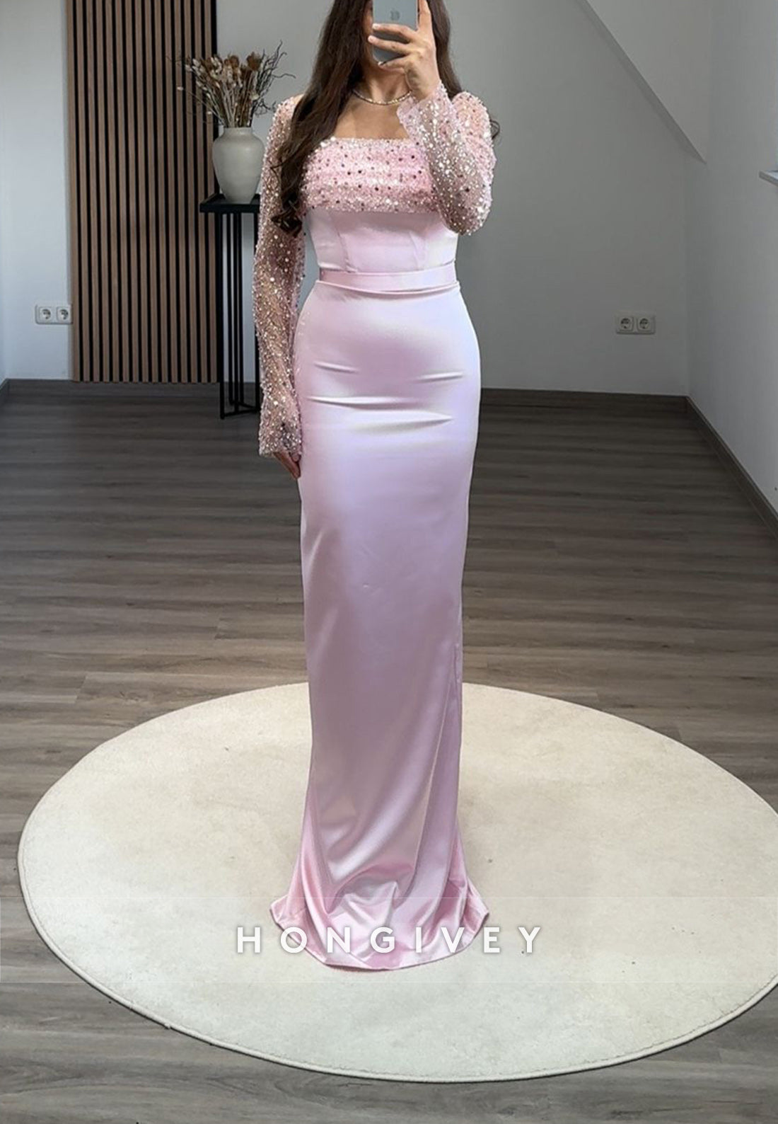 Formal Long Sleeve Sheath Floor-Length Square Appliqued Pleated Evening Gown - Fashionpara