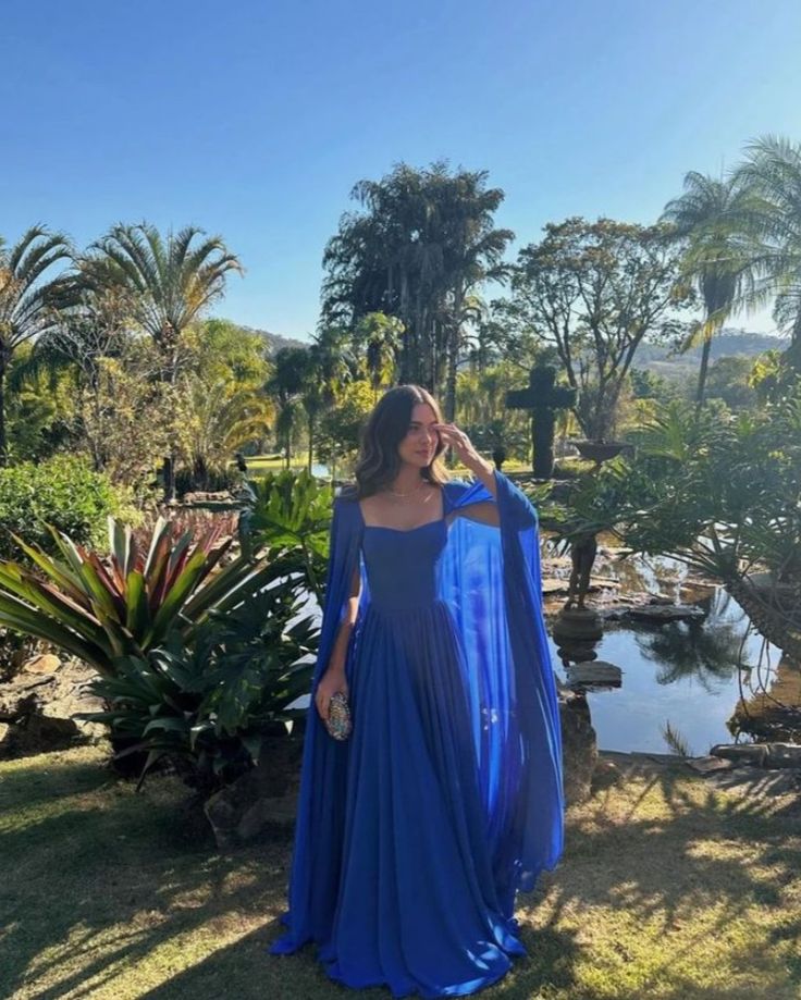 Simple Royal Blue A Line Long Sleeve Chiffon Formal Dress Evening Party Dresses - Fashionpara