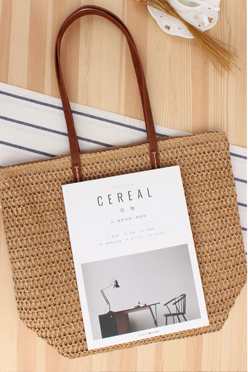 Trendy Leather Strap Woven Straw Beach Shoulder Bag - Fashionpara