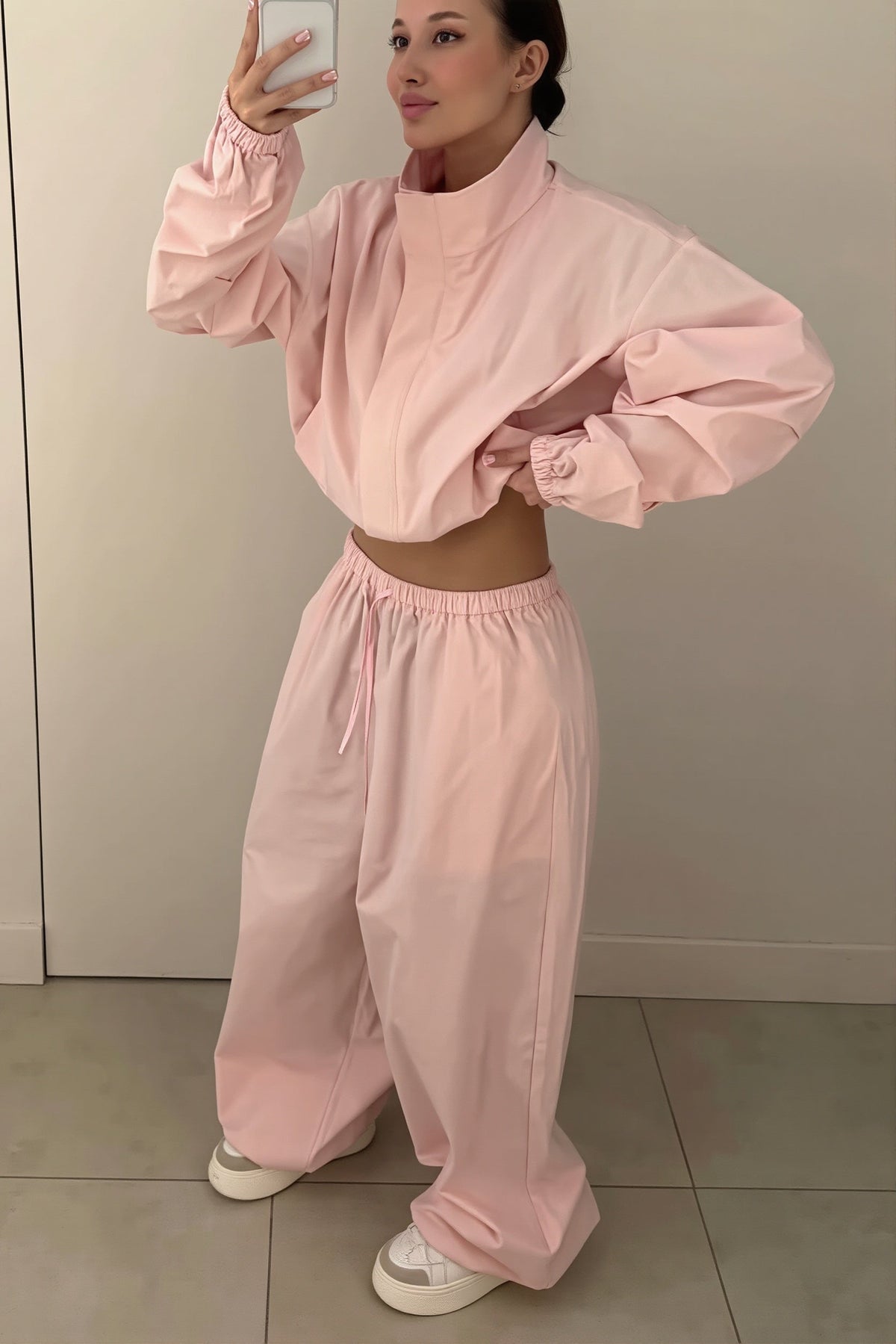 Cropped Zip Windbreaker Wide Leg Pants Set