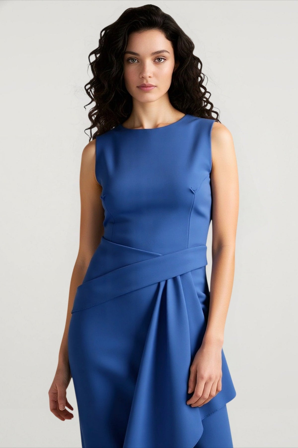 Round Neck Sleeveless Draped Asymmetric Midi Dress