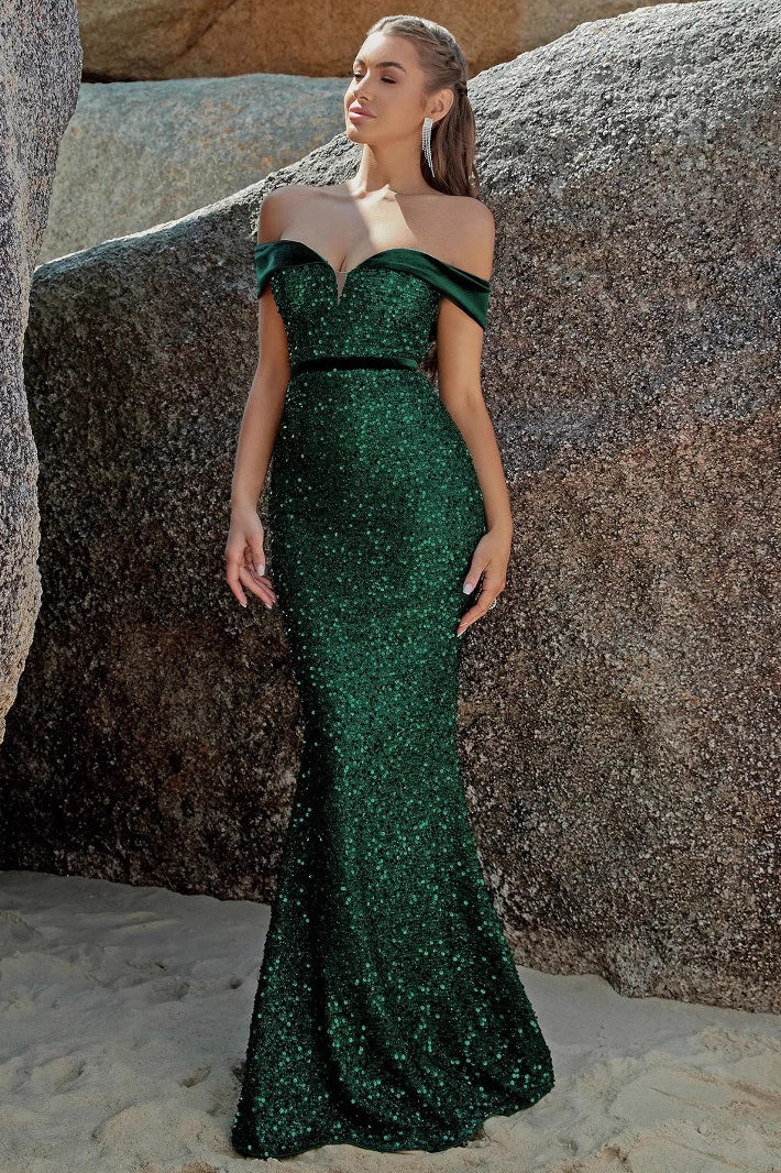 Sequin Off Shoulder Deep V-Neck High Split Mermaid Gown - View 4