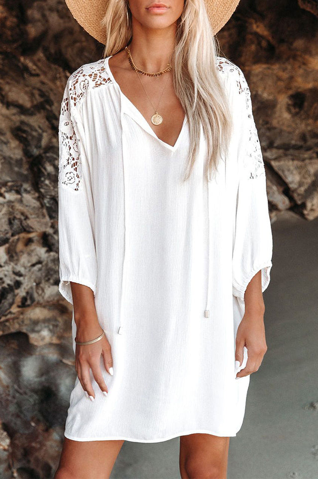 Spliced Lace Three-Quarter Sleeve Cover Up - Fashionpara