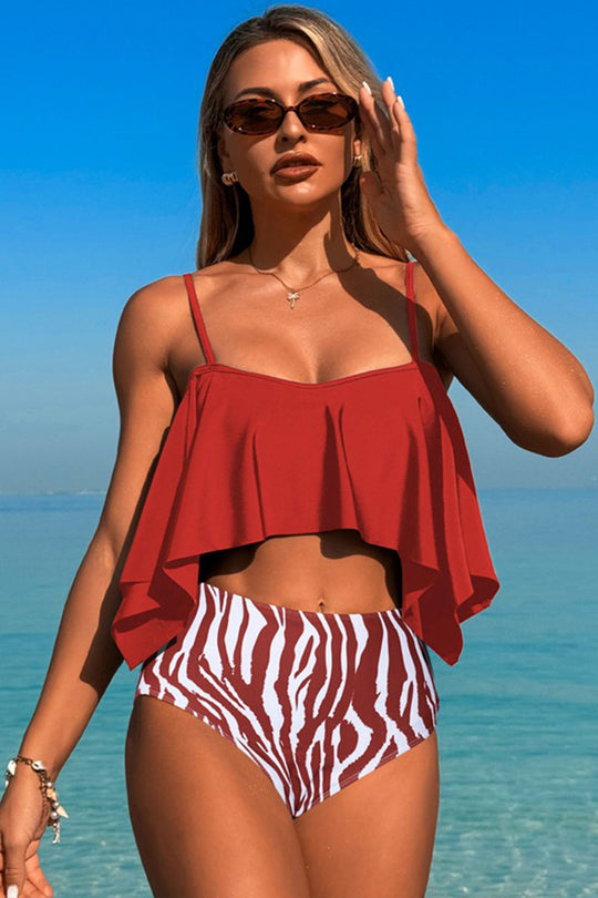 Two-piece swimsuit with large ruffled sleeves and floral shorts - Fashionpara