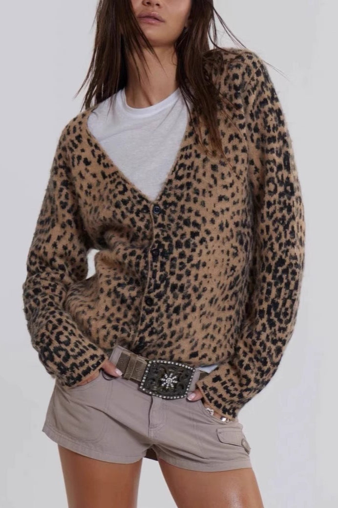 Soft Fuzzy Leopard Print V-Neck Cardigan for Cozy Style