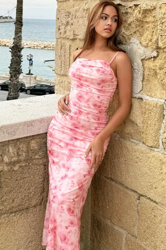 Ruched Spaghetti Strap Floral Dress
