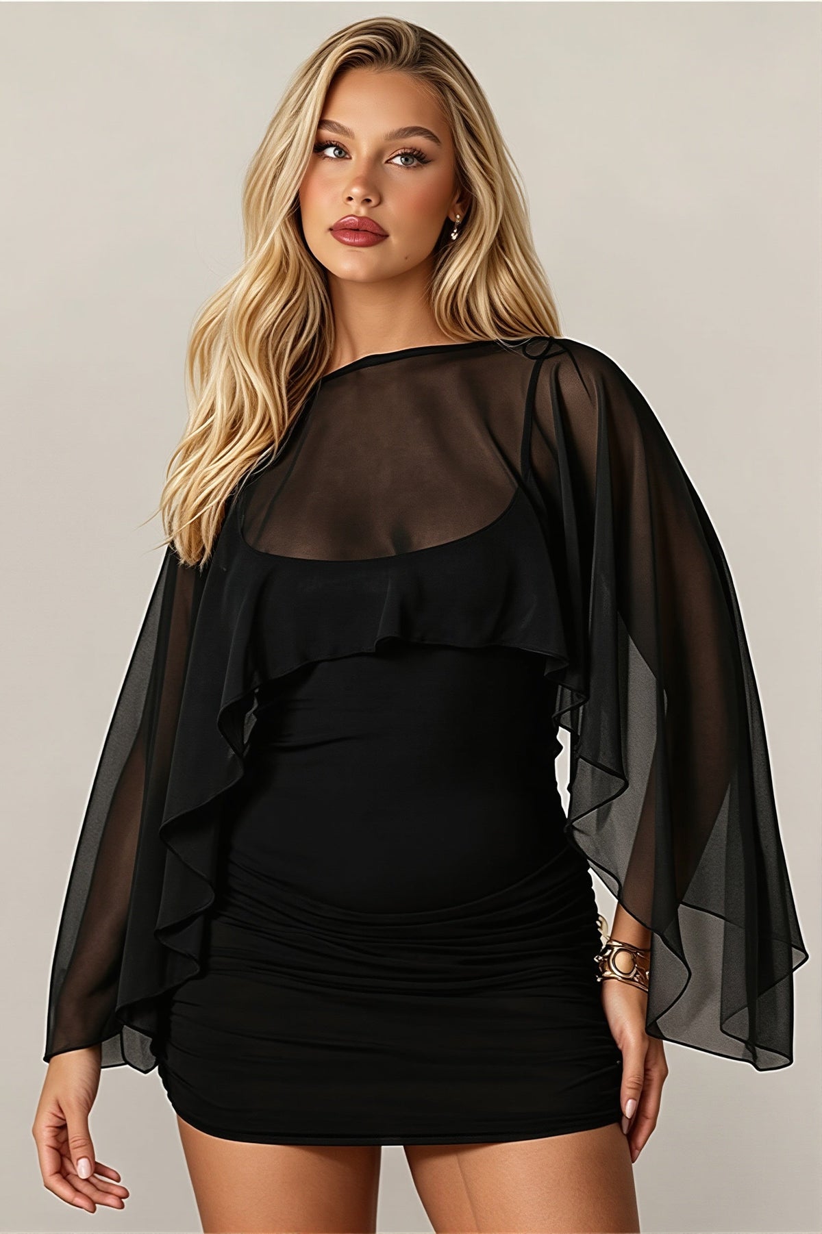 Mesh Cape Sleeve Ruched Bodycon Mini Dress 6