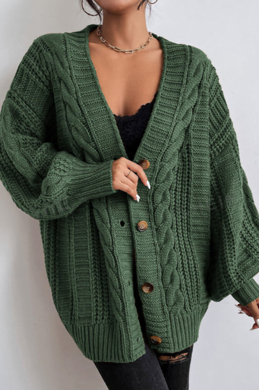Vintage Cable Knit V-Neck Cardigan with Balloon Sleeves