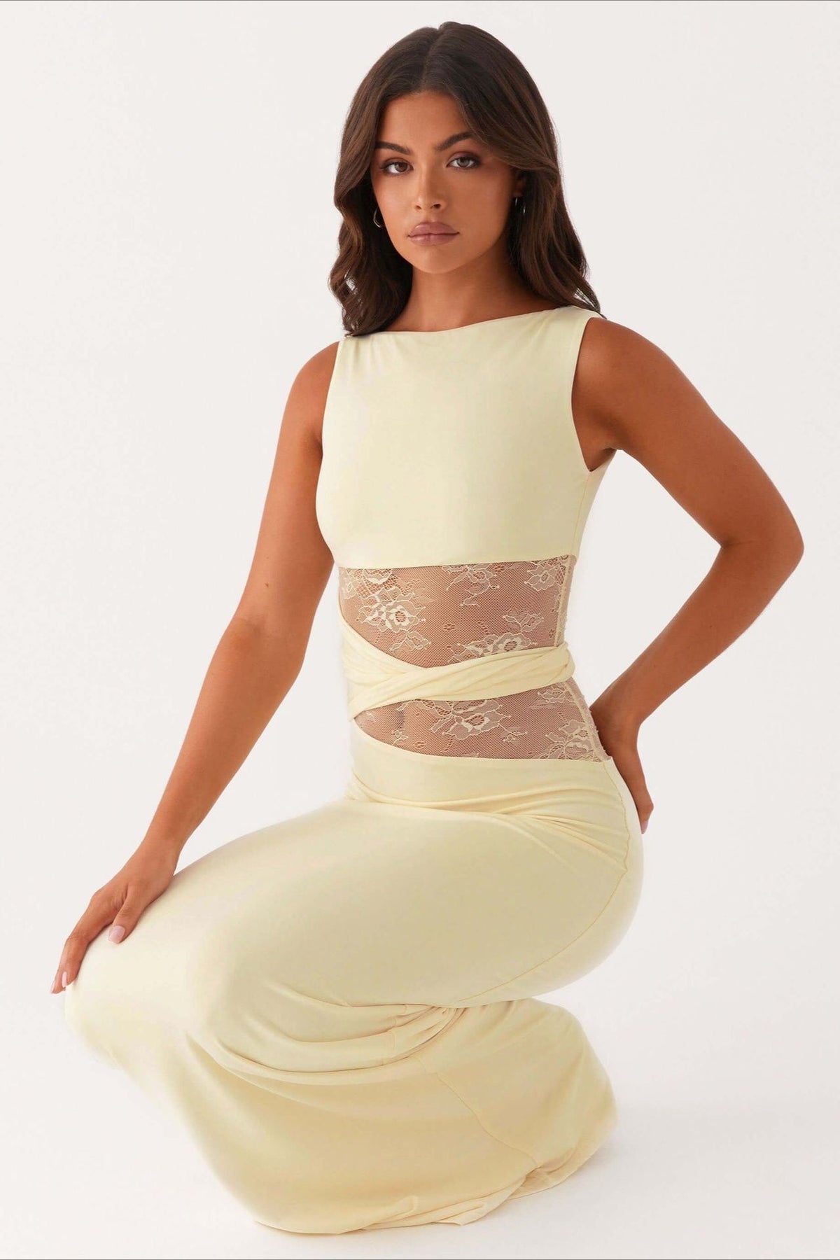 Boat Neck Sleeveless Lace Cutout Bodycon Maxi Dress