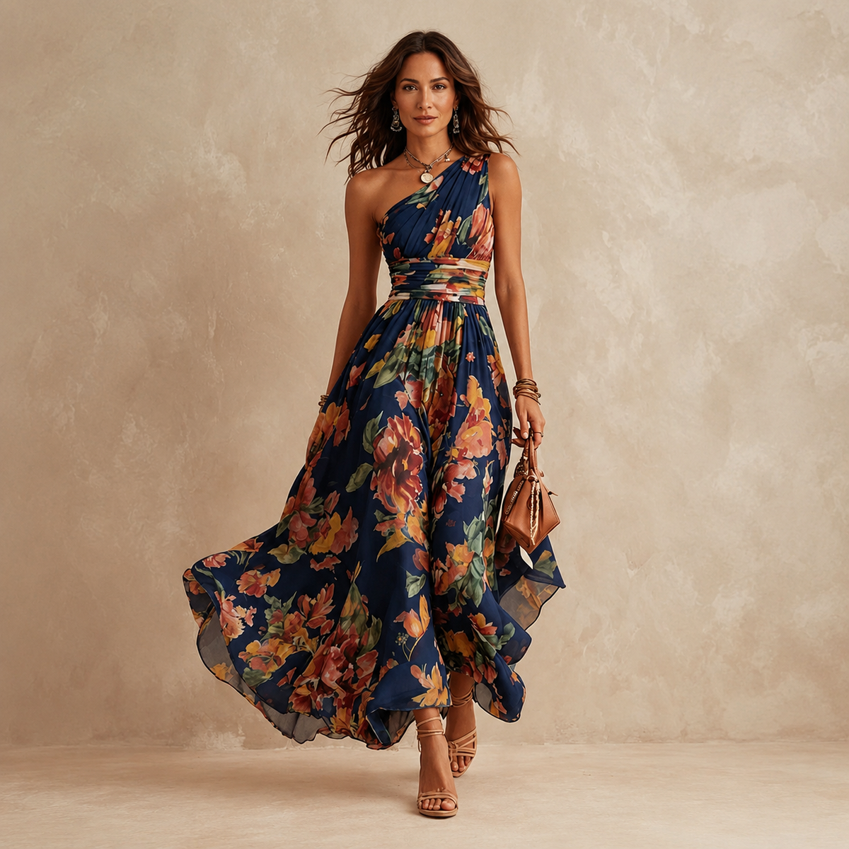 Floral One Shoulder Ruched High Low Maxi Dress 2