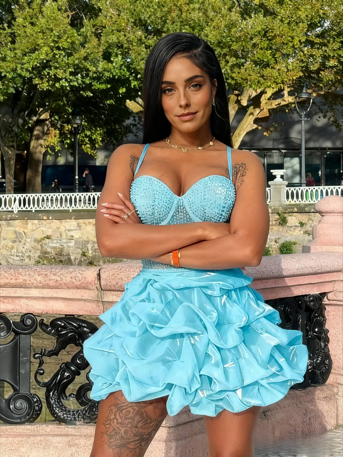 Embellished Corset Spaghetti Strap Ruffle Mini Dress