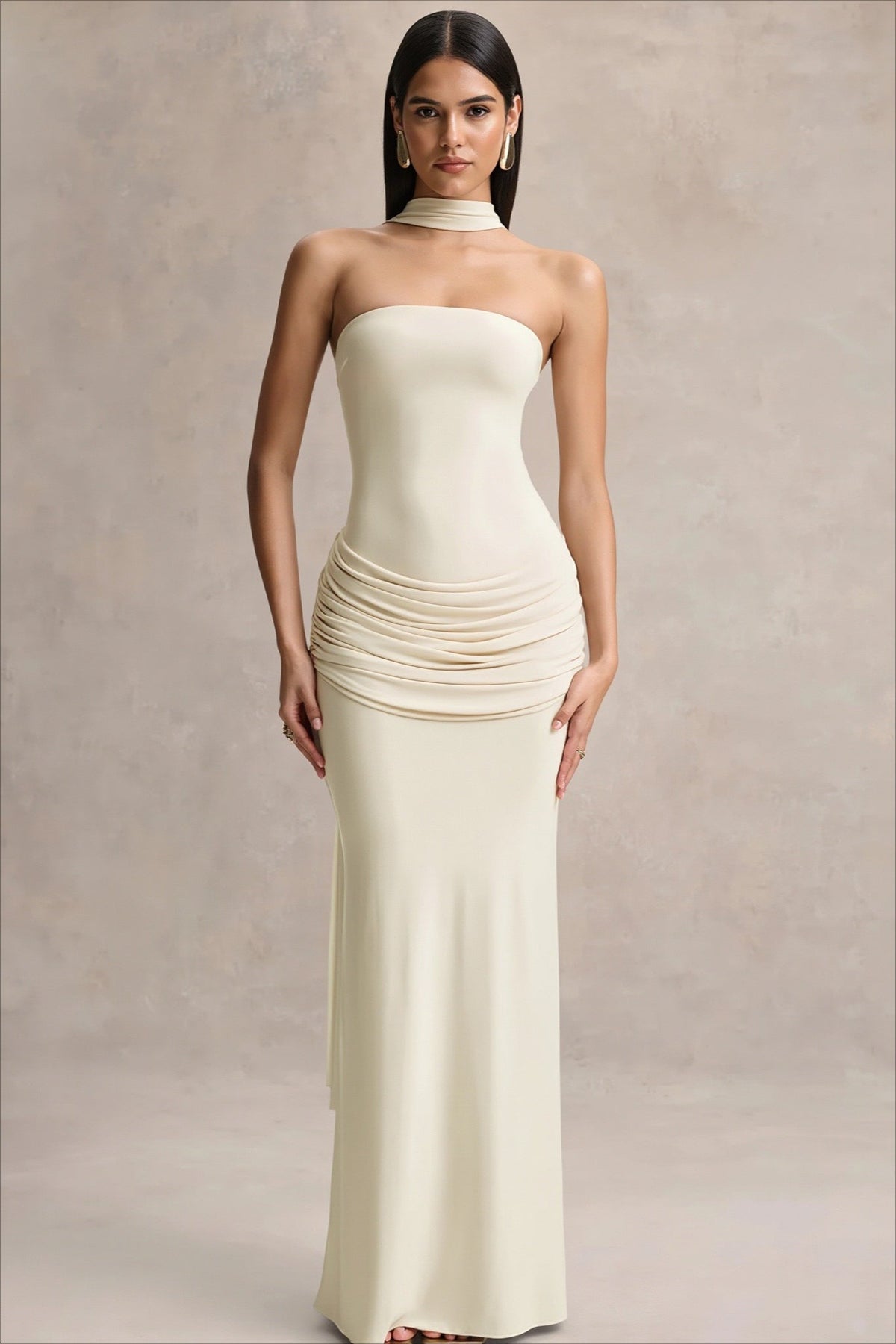 Strapless Choker-Neck Ruched Mermaid Maxi Gown